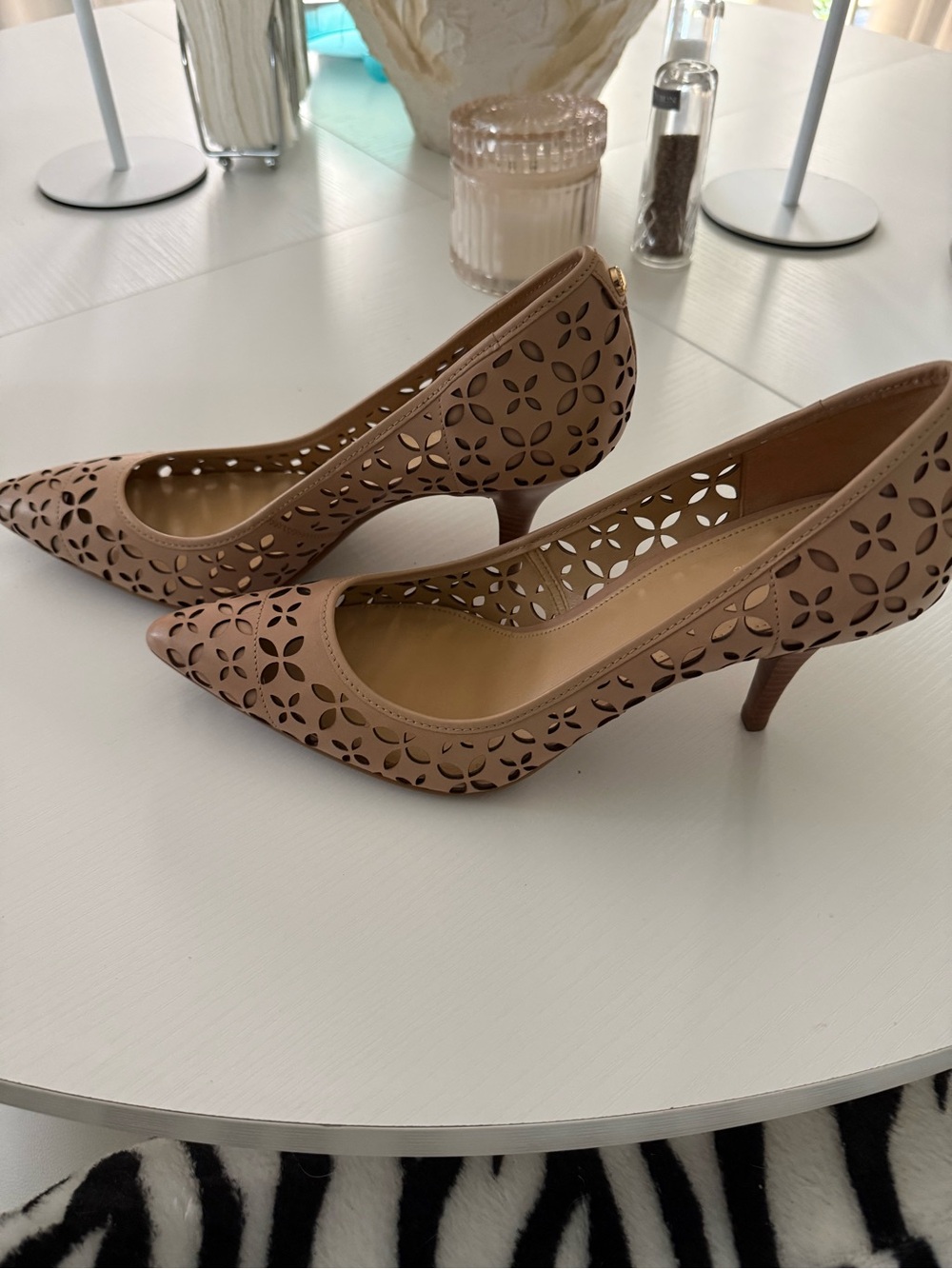 Michael Kors Taupe Laser-Cut Pointed Kitten Heels